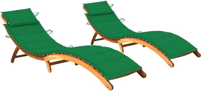 vidaXL Sonnenliegen Set aus 2 Stück aus Massivholz Akazie mit grünen Auflagen - Bild 1