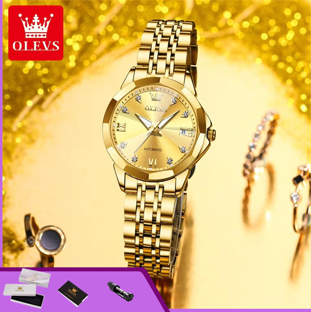 OLEVS Armbanduhr Automatik, Edelstahl, Gold, Bicolor, Kristall, Damen - Bild 1