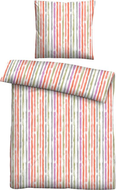 Bettwäsche Seersucker aus Baumwolle, gestreift, rot/mehrfarbig, B/H: 155 x 220 cm mit Kissenbezug 80 x 80 cm - Bild 1