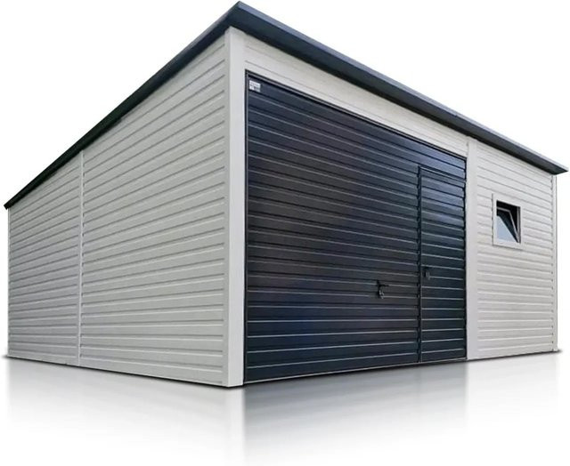Liderstal Einzelgarage Premium aus Trapezprofilblech mit Pultdach und Schwingtor in Grauweiß, B/T: 600 x 600 cm - Bild 1