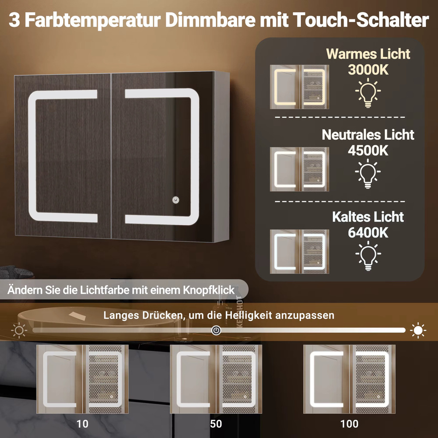 ROSAHQNDA LED-Spiegelschrank für das Badezimmer aus Edelstahl mit Glastüren und integrierter Beleuchtung, wandmontiert und modern - Bild 3