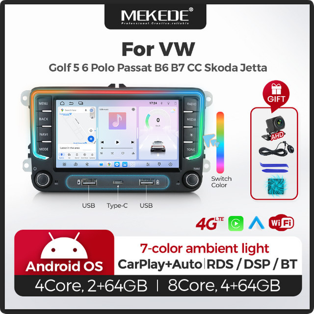 MEKEDE 7-Zoll Android Autoradio mit 4G+64G, ChatGPT, GPS, WIFI, Bluetooth und kabellosem Apple CarPlay für VW Golf 5 6, Passat, Polo, Touran, Tiguan, Caddy und EOS in Schwarz - Bild 1