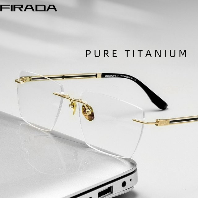 FIRADA BV6037V Korrektionsbrille, randlos, Titan, rechteckig, Gold, Unisex - Bild 1