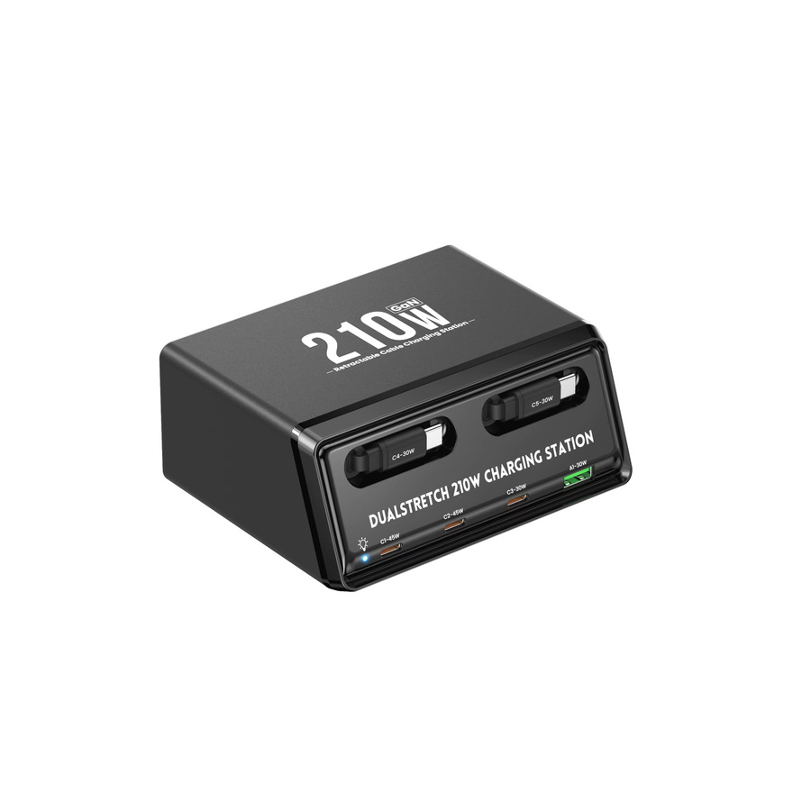 TOPZERO 6-in-1 GaN USB-C Schnellladestation mit einziehbarem Typ-C-Kabel, Power Combo Tower Ladegerät in Schwarz - Bild 6