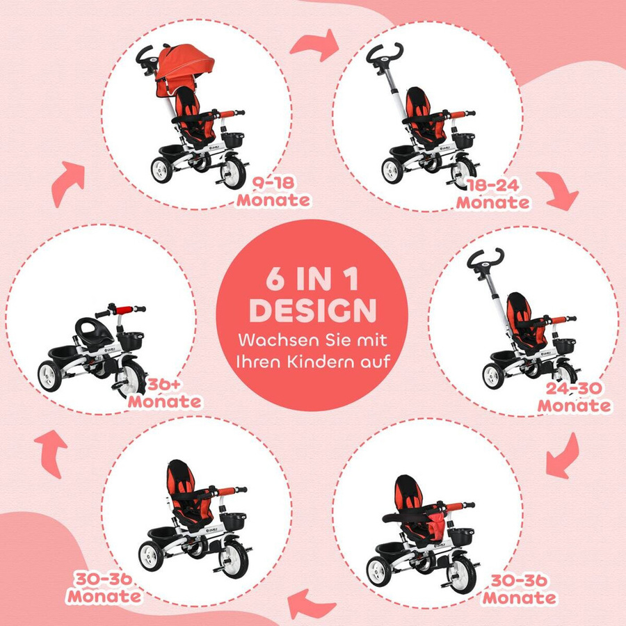 HOMCOM 6 in 1 Kinderdreirad mit Schubstange und Sonnendach in Rot, faltbares Dreirad mit Sicherheitsgurt und Korb für Kinder bis 25 kg, B/H/L: 50 x 104 x 112 cm - Bild 4