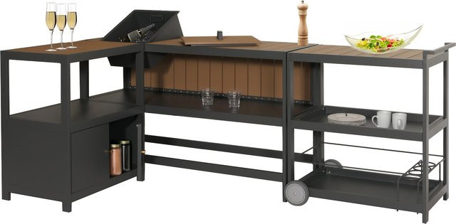 MCW Aluminium Outdoor-Küche 3-teilig M64 in Anthrazit mit heller Holzoptik inklusive Servierwagen, Eiskübel und Schrank, B/T/H: 296 x 97 x 97 cm - Bild 1