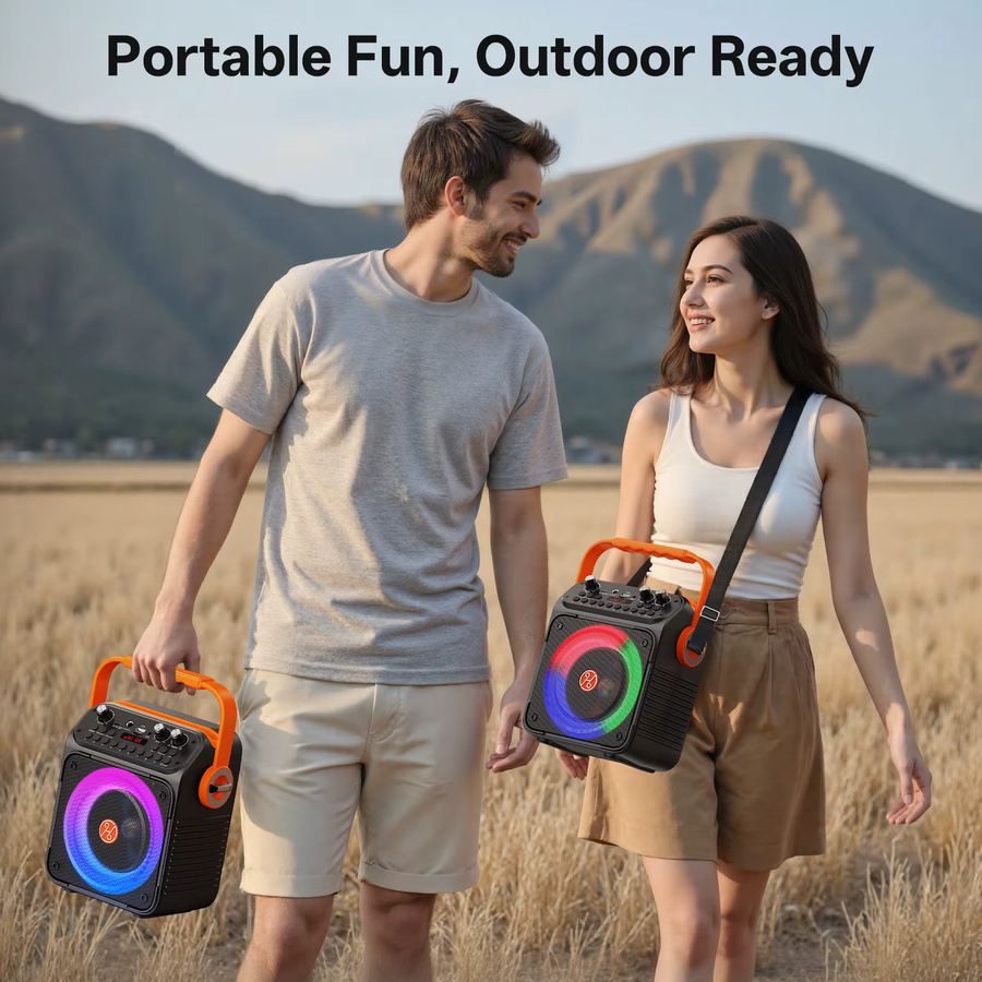 FanFun Tragbare Bluetooth Karaoke-Maschine mit 2 kabellosen Mikrofonen und LED-Lichtern in Schwarz, unterstützt USB, TF, REC, FM und AUX - Bild 3