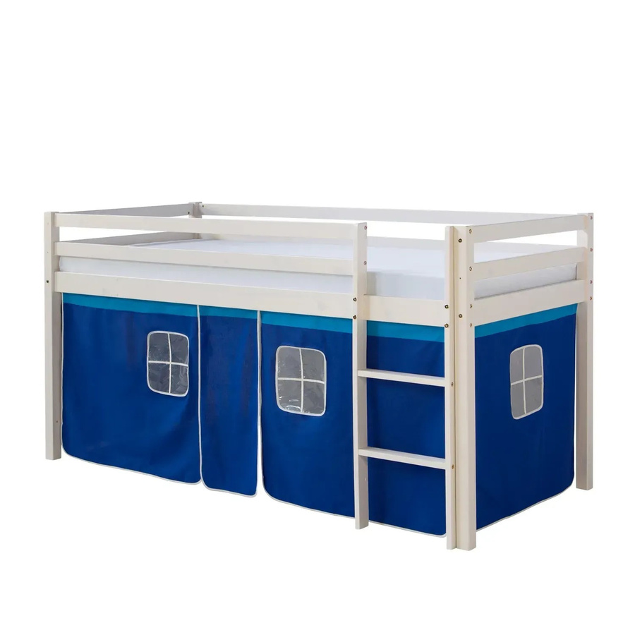 Homestyle4u Hochbett aus Kiefernholz in Weiß mit blauem Vorhang, B/T/H: 90 x 200 cm - Bild 2