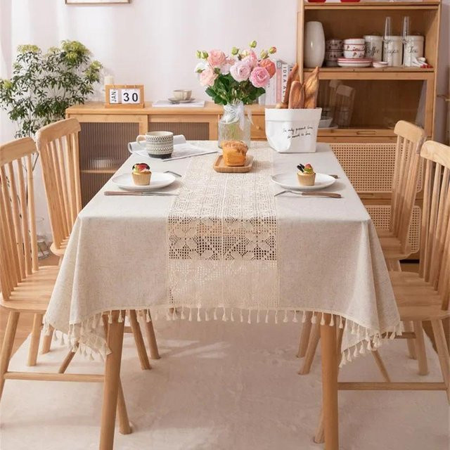 JMG Household Supplies Tischdecke in Beige, rechteckig im Bauernhaus-Stil mit Quasten, wasserabweisend und waschbar, B/T: 100 x 140 cm - Bild 1