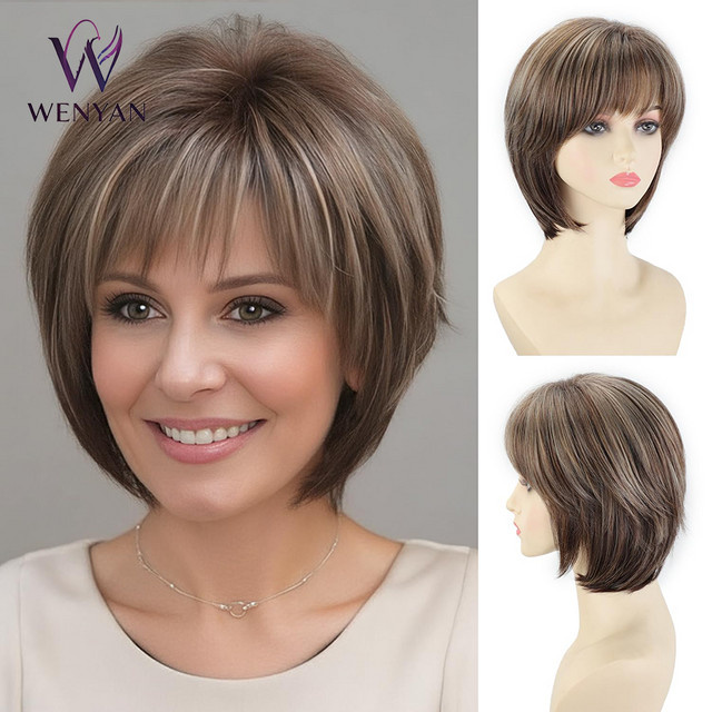WENYAN Damenperücke, Pixie Bob, Synthetisch, Braun-Blond, 4 Zoll - Bild 1
