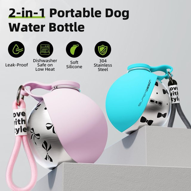 SUPERDESIGN 2-in-1 Tragbare Hundewasserflasche für Kleine Hunde aus Edelstahl und Silikon in Blau - Bild 1