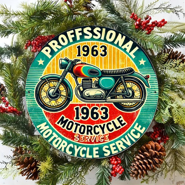 Potdemiel Retro-Metallschild 1963 Professioneller Motorradservice Rundes Aluminiumschild Multicolour Durchmesser: 20,3 cm - Bild 1