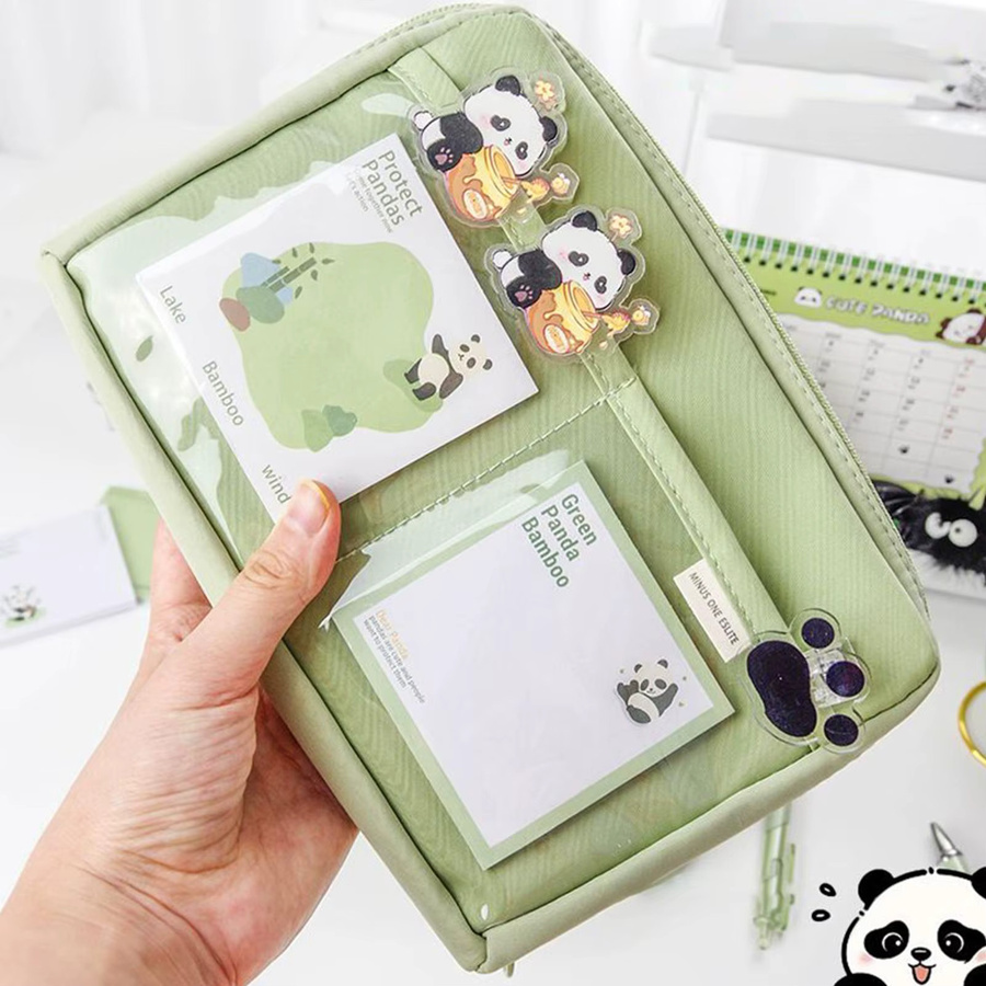 Niedliches Panda Briefpapier-Set und Federmäppchen in Grün für Studenten und Schüler - Bild 4