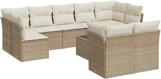 vidaXL 10-teilige Garten-Sofagarnitur aus Polyrattan in Beige mit Kissen und Gartentisch - Bild 1