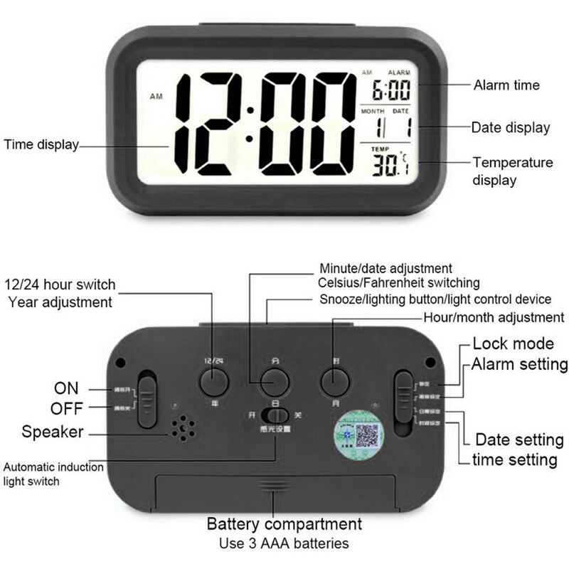 Tooarts Digitaler Wecker mit Datumsanzeige, Thermometer und Schlummerfunktion, Schwarz, Rechteckig - Bild 4