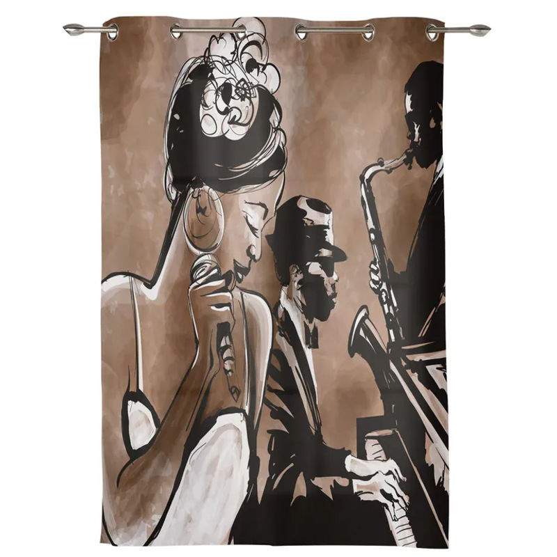 Retro Fenstervorhang mit Sängerin und Klavier Motiv in Grau von Super Six, Breite: 135 cm, Höhe: 60 cm - Bild 2
