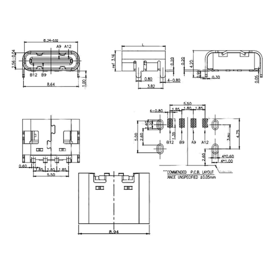 USB Typ C 4-Pin SMT-Buchse USB 3.1 Typ-C Weiblicher SMD DIP Anschluss für PCB-Design in Silber - Bild 2