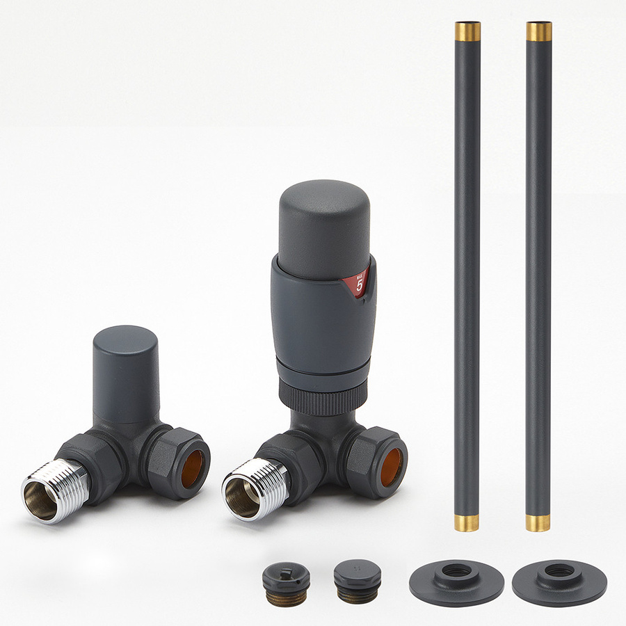 Hudson Reed Thermostatisches Heizkörper-Eckventilset mit Thermostatkopf und Rohrstücken für 15mm Kupferrohre, Anthrazit Matt, 1/2 Zoll - Bild 1