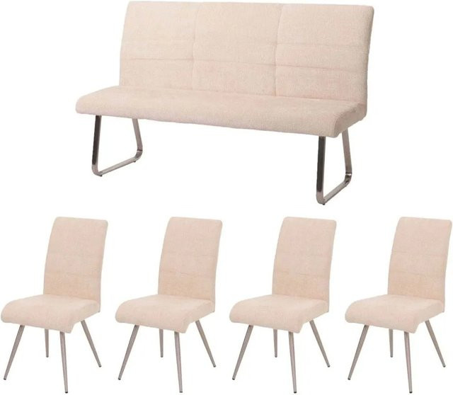 MCW Esszimmer-Set G55, 5-teiliges Set aus 4 Stühlen und einer Sitzbank mit Breite: 160 cm, Chenille Stoff in Creme/Beige und gebürstetem Edelstahl - Bild 2