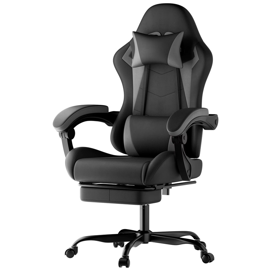 Svintora Gaming-Stuhl in Schwarz-Grau aus PU-Leder mit Fußstütze, ergonomischer Computerstuhl im Racing-Stil mit Kopfstütze und Lendenwirbelstütze - Bild 3