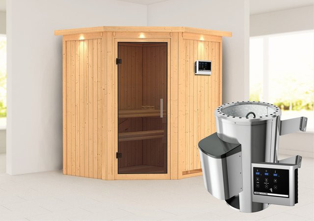 Karibu Sauna TONJA mit 3,6 kW Ofen, externer Steuerung, Dachkranz und Ganzglastür in Graphit, B/T/H: 170 x 151 x 202 cm - Bild 1