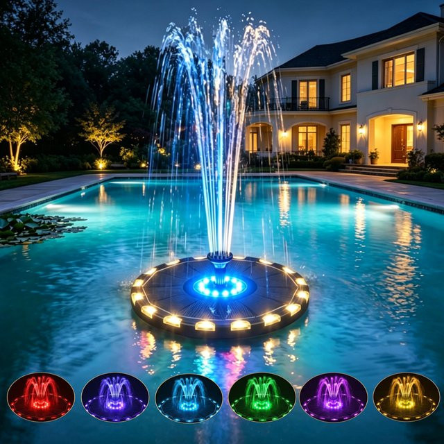 T-SUNRISE Solar-Gartenbrunnen für den Außenbereich mit 3,5W, rundes Solarbrunnenpumpen-Set für Teiche und Vogelbäder mit 6 Düsen und 7-farbigem Licht, Multicolor - Bild 1