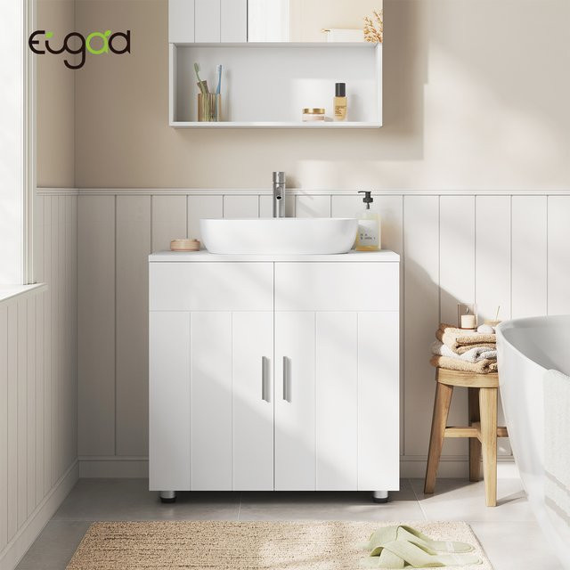 EUGAD Badezimmerschrank Weiß, Waschtischunterschrank mit 2 Türen und Regalen, B/T/H: 60 x 60 x 30 cm - Bild 1