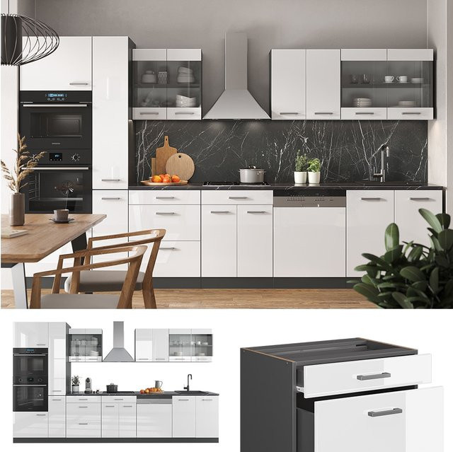 Vicco R-Line Küchenzeile Einbauküche in Anthrazit und Weiß Hochglanz, Breite: 350 cm - Bild 1