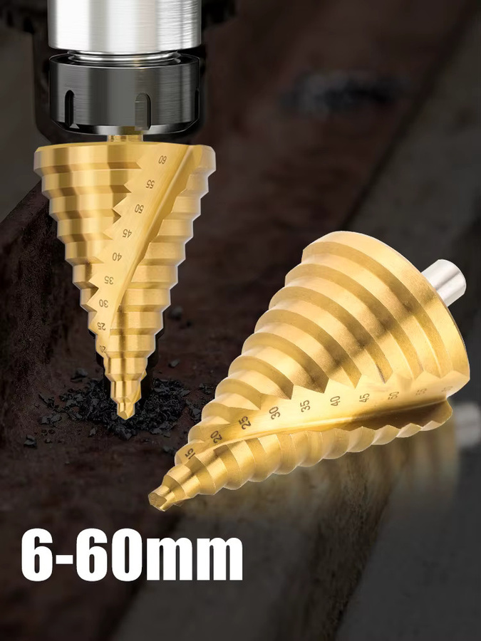 CMCP HSS-Stufenbohrer mit Titanbeschichtung in Gold, Spiralnut Pagoden-Lochschneider mit dreieckigem Schaft für Elektrowerkzeuge, 6–60 mm - Bild 5