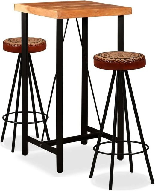 vidaXL Bar-Set 3-tlg im Industrie-Look aus Akazienholz mit Echtleder und Canvas in Braun - Bild 1