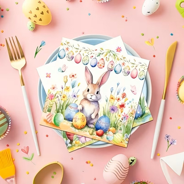 20 Stück Oster-Servietten aus Papier mit bunten Hühner-, Hasen- und Frühlingsmotiven in Multicolor - Bild 1