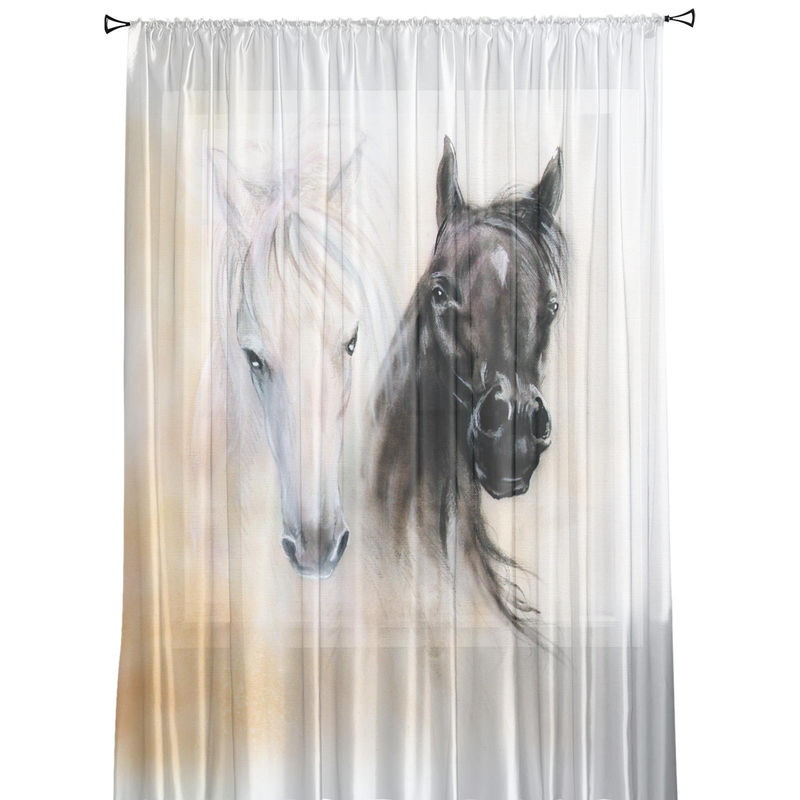 Transparenter Tüllvorhang von A Family Of Home Textiles mit Aquarellmalerei von schwarzen und weißen Pferden, Breite: 135 cm, Höhe: 114 cm - Bild 2