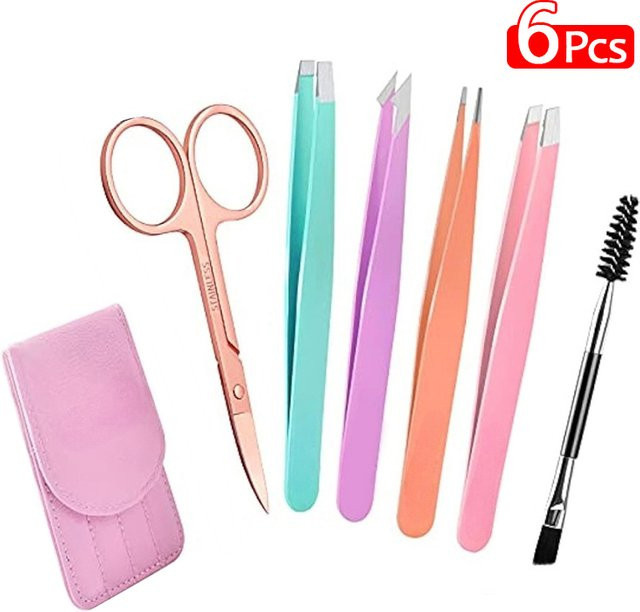 6-teiliges Pinzetten-Set aus Edelstahl mit Schere und Leder-Reisetasche, Damen - Bild 1