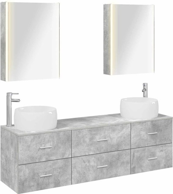 vidaXL Badezimmermöbel-Set 5-teilig in Betongrau mit Waschtischunterschrank, Spiegelschrank und Wandunterschrank aus Holz und Glas mit LED-Beleuchtung - Bild 1