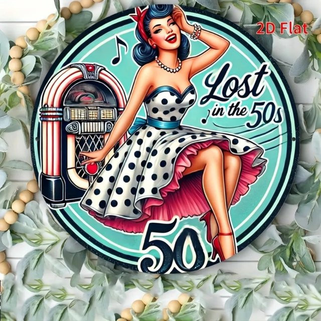 CIFBUY Wandkunst aus Metall Lost in the 50er im Retro-Stil, runde Metall-Wanddekoration mit Typografie in Multicolour, Durchmesser: 20 cm - Bild 1