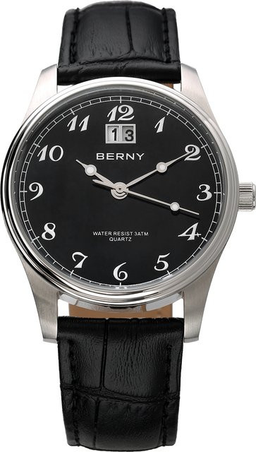 BERNY Armbanduhr Quarz, Leder, Schwarz, Silber, Herren - Bild 1