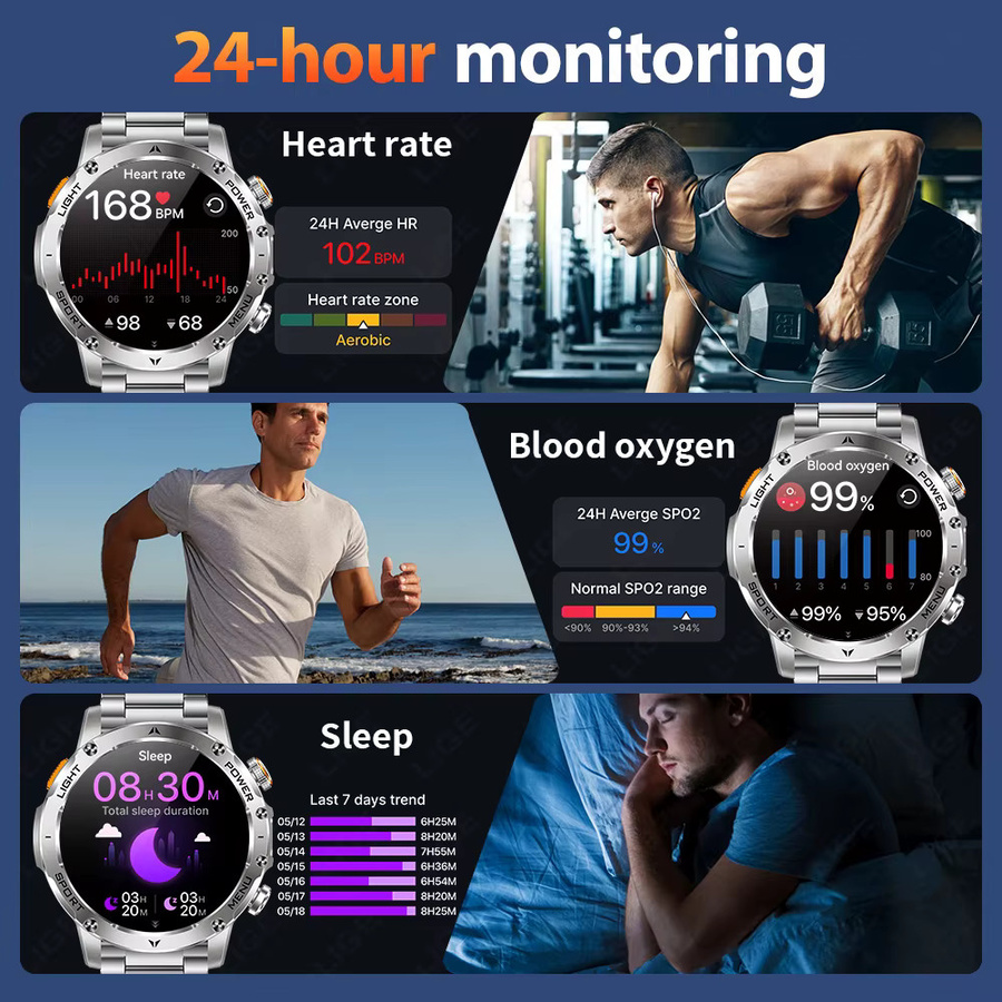 LIGE Smartwatch für Herren mit AMOLED-Display, Herzfrequenzmesser, Bluetooth-Anruffunktion und IP68 Wasserdichtigkeit in Schwarz und Silber - Bild 4