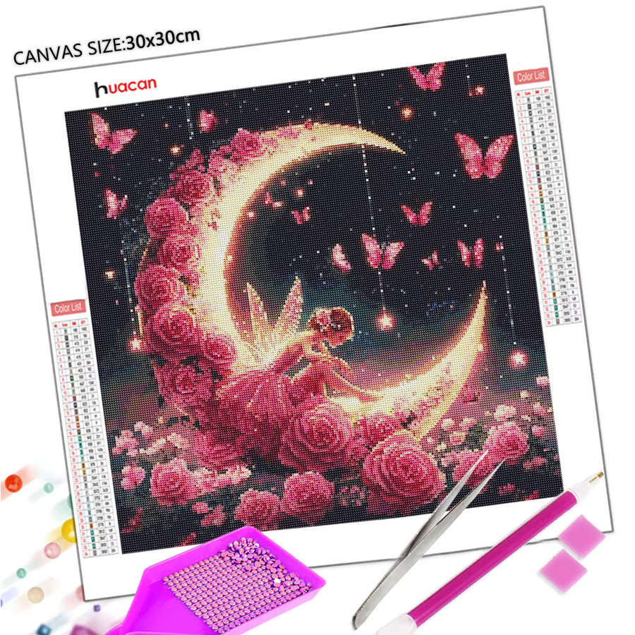 Huacan Diamant-Malerei Rose Pink mit floralem Motiv, runde Wanddekoration als Mosaik-Canvas, Durchmesser: 20 cm - Bild 3