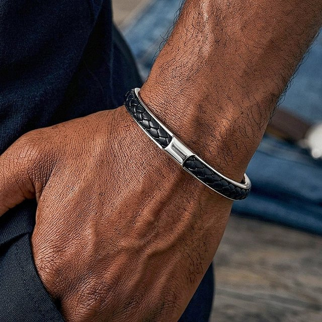 ATTYIRENA Manschettenarmband, Edelstahl, geflochtenes Kunstleder, Herren - Bild 1