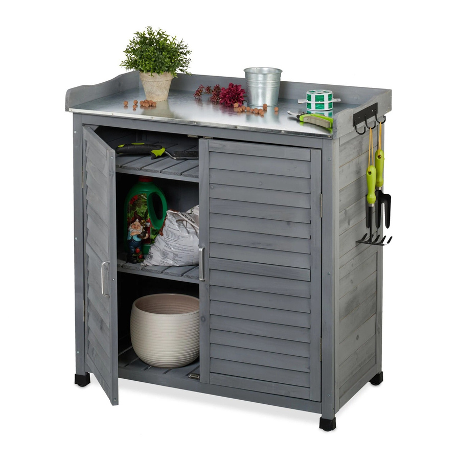Relaxdays Pflanztisch aus Tannenholz in Grau mit Unterschrank, B/T/H: 90 x 45 x 92 cm - Bild 2