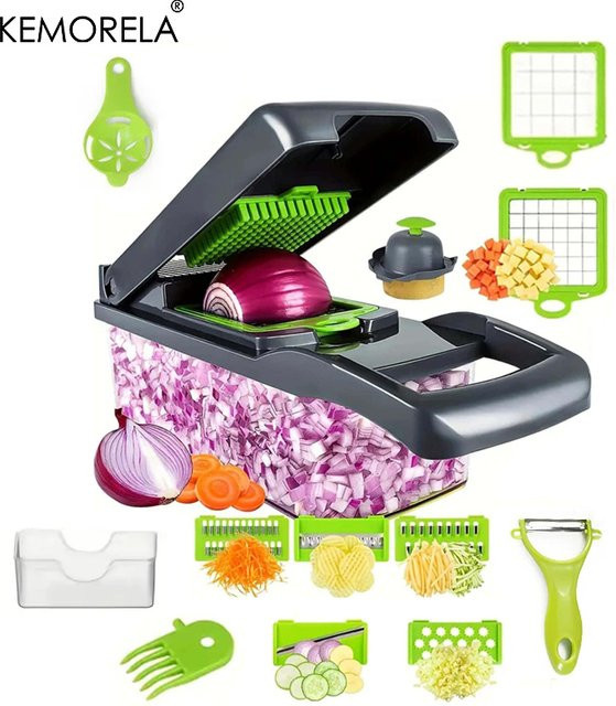 Multifunktionaler 14/16 in 1 Gemüsehacker und Zwiebelzerkleinerer von KEMORELA in Grau mit Mandoline und praktischem Griff zur Würfelformung für deine Küche - Bild 1