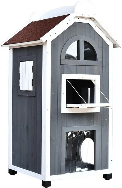 PawHut Katzenvilla aus Tannenholz in Grau mit wetterfestem Asphaltdach und Hängematte, B/T/H: 55 x 59 x 109 cm - Bild 1