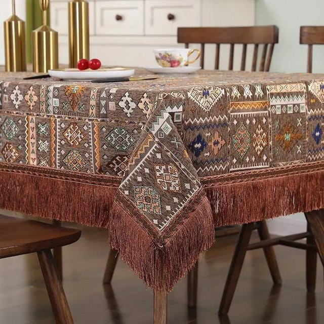 Chenille-Tischdecke Super Six mit geometrischen Mustern und Quasten, rechteckig, braun, B/T: 130 x 180 cm - Bild 1