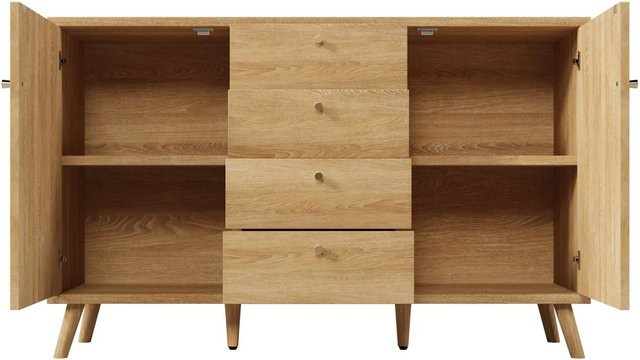 okwish Sideboard in Rattan Optik mit 4 Schubladen und 2 Türen, Helle Eiche, Beige, B/T/H: 140 x 40 x 86 cm - Bild 1