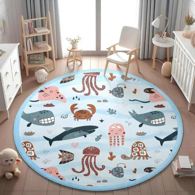 Karpetti Runder Teppich Meerestier Blau Multicolour, Weiche Spielmatte für Kinderzimmer, Wohnzimmer und Schlafzimmer, Durchmesser: 80 cm - Bild 1