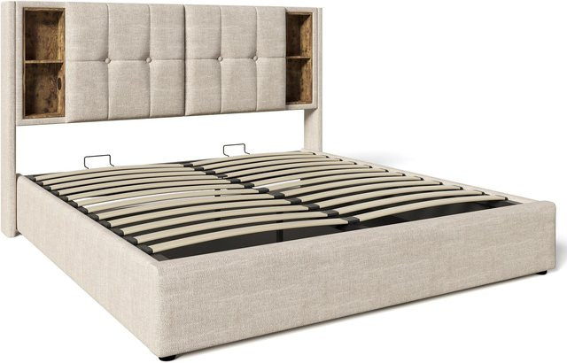 AB Store Polsterbett mit Stauraum und USB-Ladeport in Beige, H x B x T: 100,5 x 206 x 185 cm, für Matratzen 180x200 cm - Bild 1