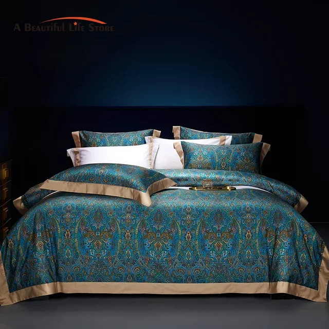 Fat Fairy HOME TEXTILE Bettwäsche-Set aus ägyptischer Baumwolle mit Digitaldruck im Boho-Stil, Blau, Floral, 1000 TC - Bild 1