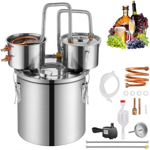 VEVOR Alkohol Destille aus Edelstahl mit Kupferspirale für schnelle Kühlung, 30 l Dual Condenser Destillations-Set für Wein, Whisky und Brandy, Silber - Bild 1