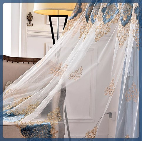 ZJBYZHOUSEHOLD Luxus Gaze-Vorhang mit blauer Blumenstickerei, Weiß, Transparent, B/H: 200 x 100 cm - Bild 1