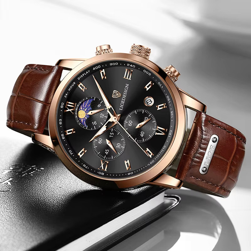 LIGE Armbanduhr Herren, Quarz, Chronograph, Leder, Schwarz, Roségold - Bild 3